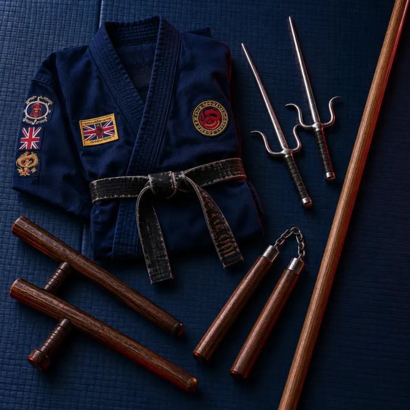 Le armi del Kobudo: bo, nunchaku, sai e tonfa su un tessuto blu.