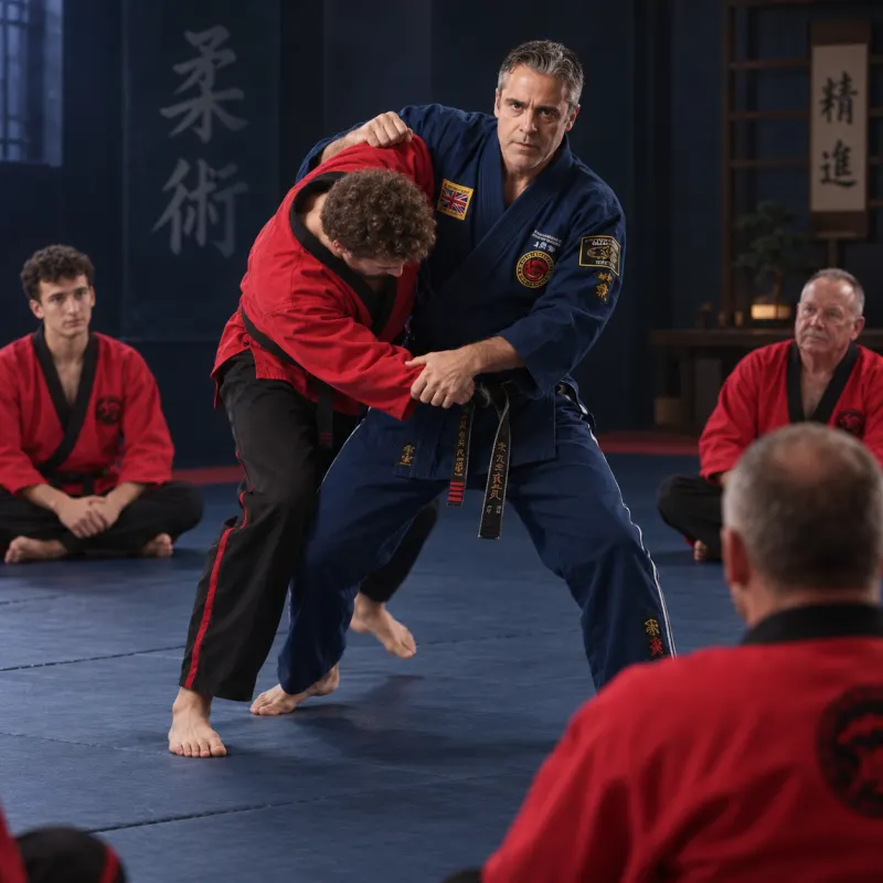 Il maestro dimostra una proiezione controllata davanti agli allievi seduti sul tatami.