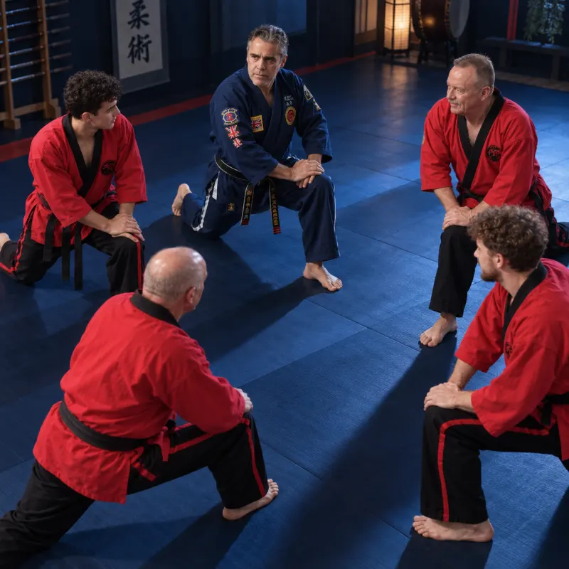 Il gruppo si riscalda sul tatami con il maestro.
