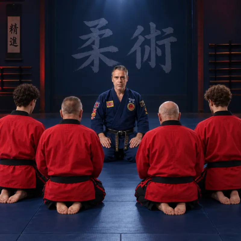 Gli allievi in giacca rossa salutano in ginocchio il maestro in blu.