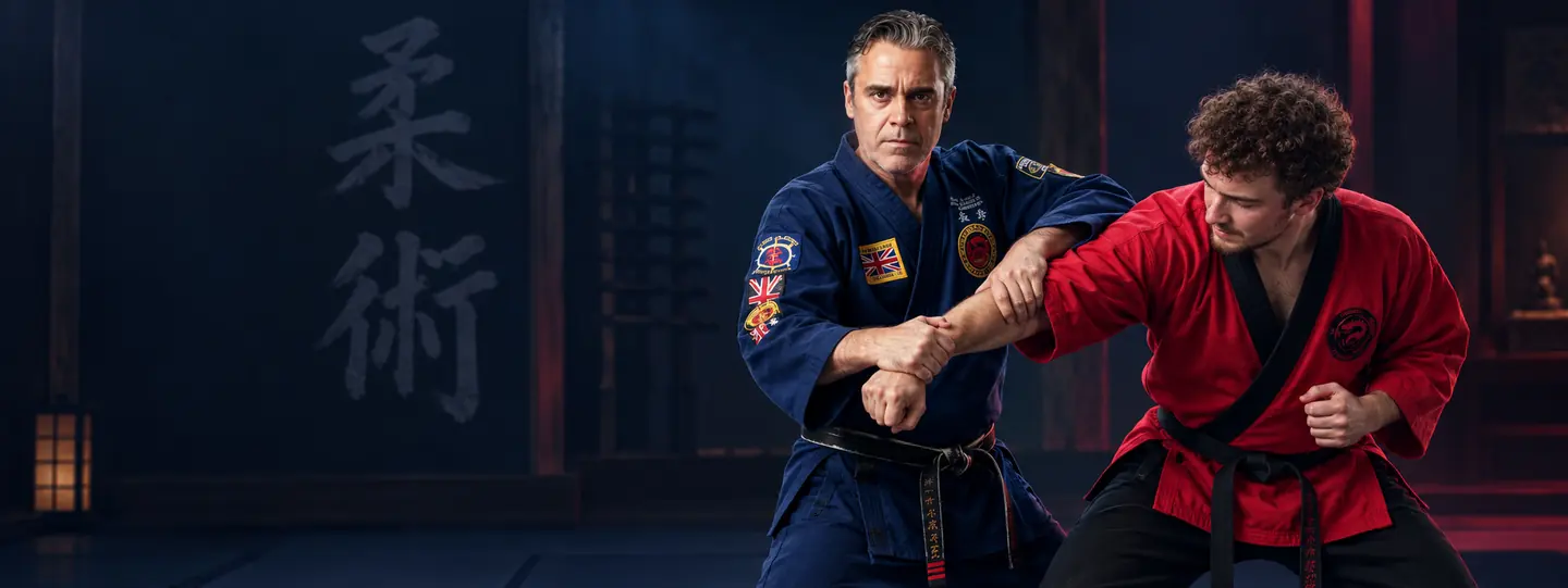 Il maestro in divisa blu dimostra una presa controllata a un allievo in giacca rossa, sul tatami.