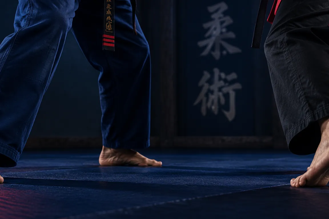 Piedi sul tatami e dettagli delle divise blu e rosse durante l’allenamento.