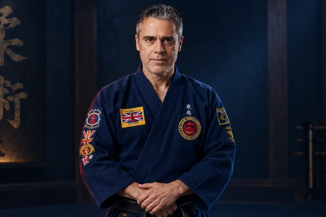 Lo stemma col drago rosso cucito sulla divisa blu del maestro.